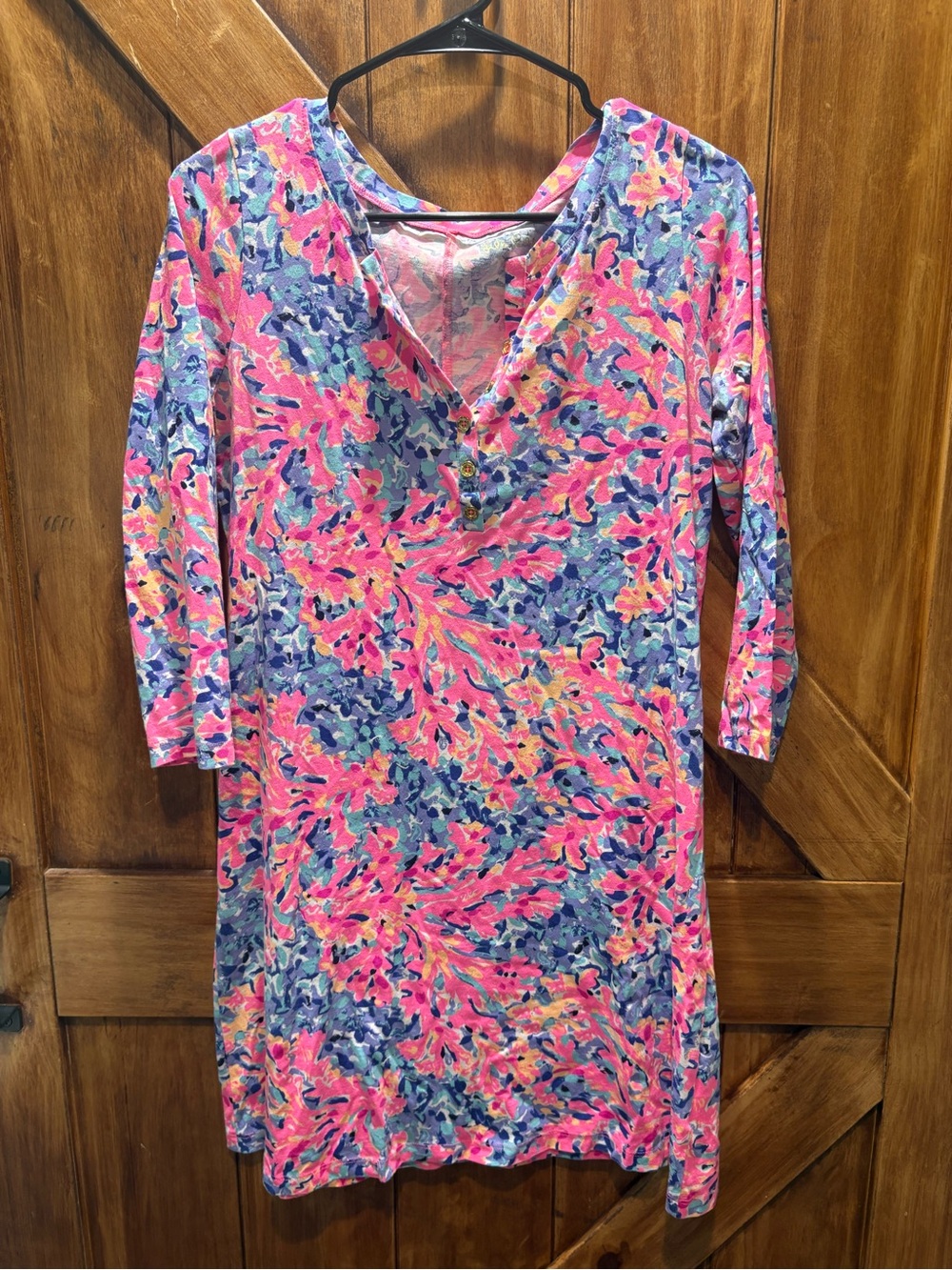 Lilly Pulitzer Pink & Blue Floral V-Neck Long Sleeve Shift Dress Small